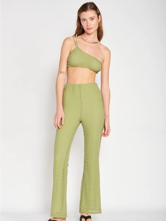 shop Luna b Pants - Olive Green Textured High-Waist Wide Leg Pants - Women